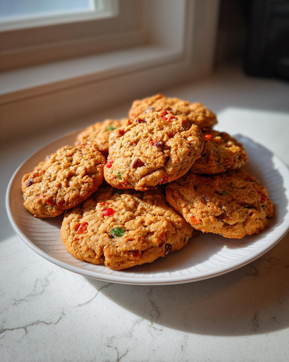 A stack of freshly baked, chewy fruitcake cookies loaded with colorful candied fruit pieces on a white plate.