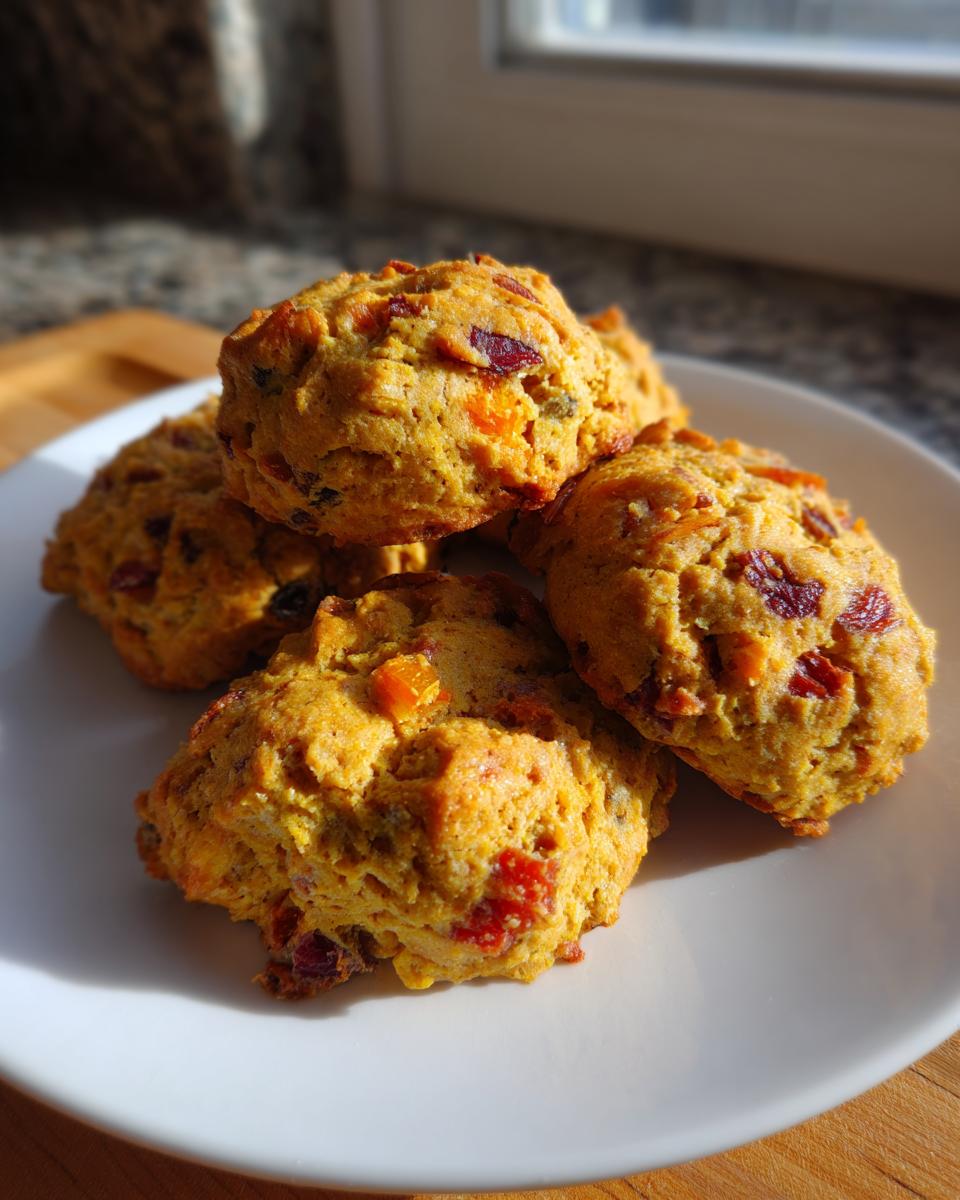 A small stack of golden brown, chewy fruitcake cookies loaded with dried fruit pieces, served on a white plate.