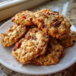 A close-up of a stack of chewy fruitcake cookies loaded with pecans and candied fruit pieces.