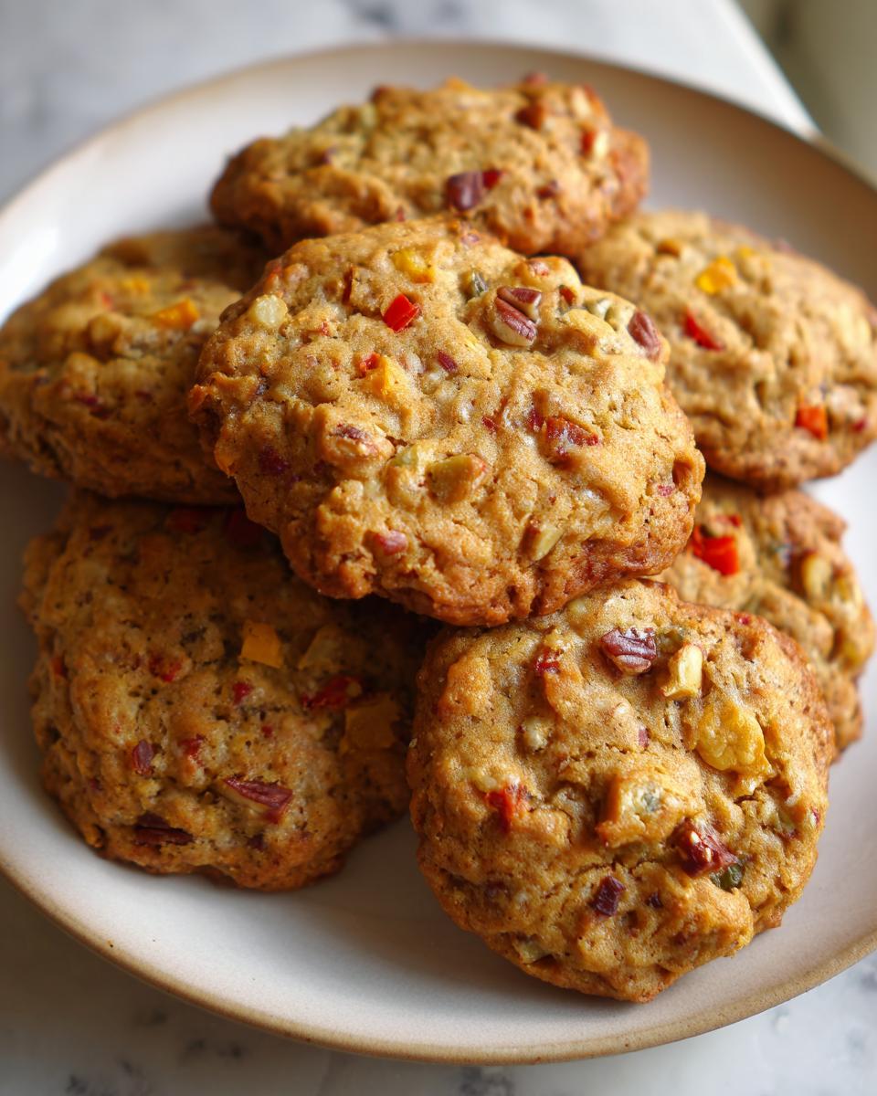 A close-up stack of chewy fruitcake cookies loaded with candied fruit and pecans on a light ceramic plate.