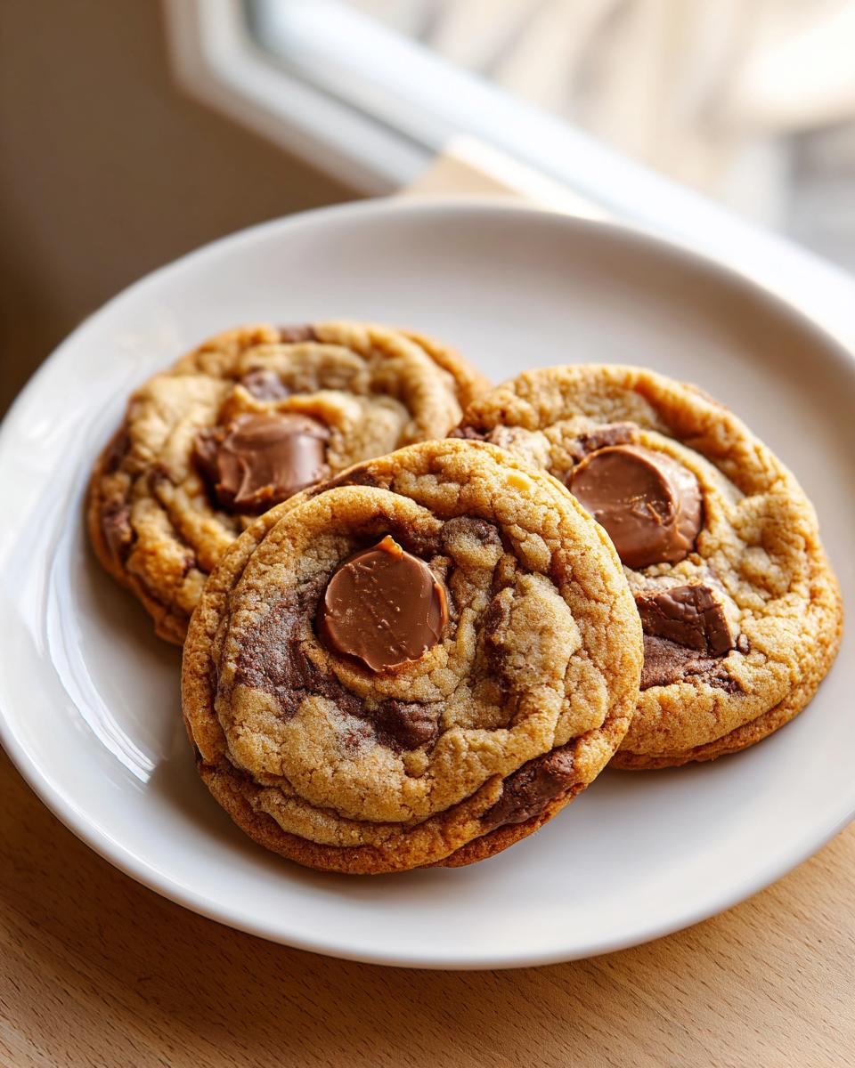 Three freshly baked peanut butter cup cookies with melted chocolate centers resting on a white plate.