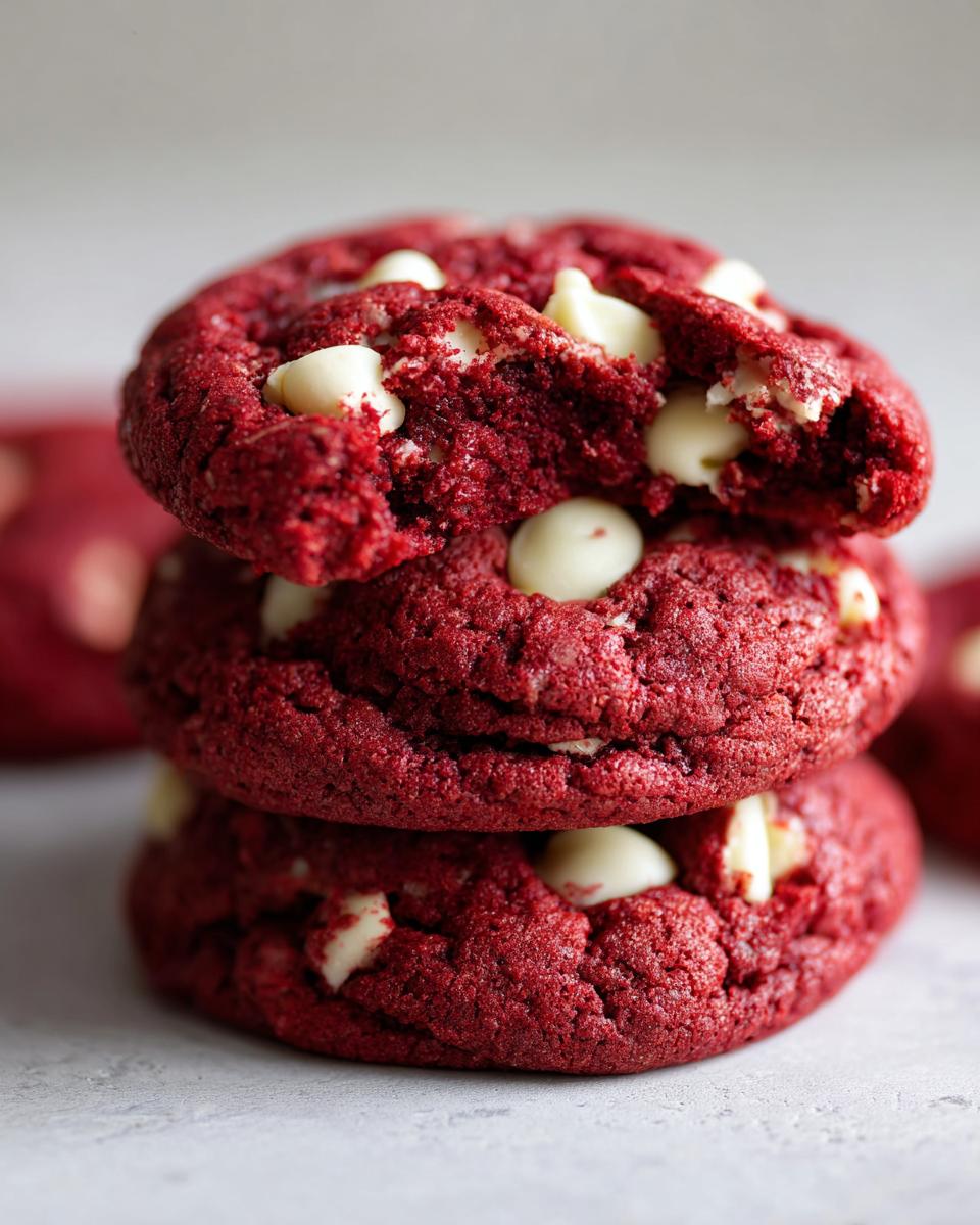 A stack of three vibrant red velvet cookies studded with white chocolate chips; the top cookie is broken open.