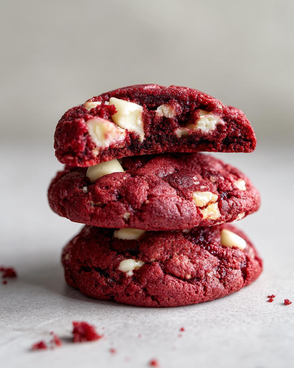 A stack of three rich, red velvet cookies loaded with white chocolate chips, one cut in half.