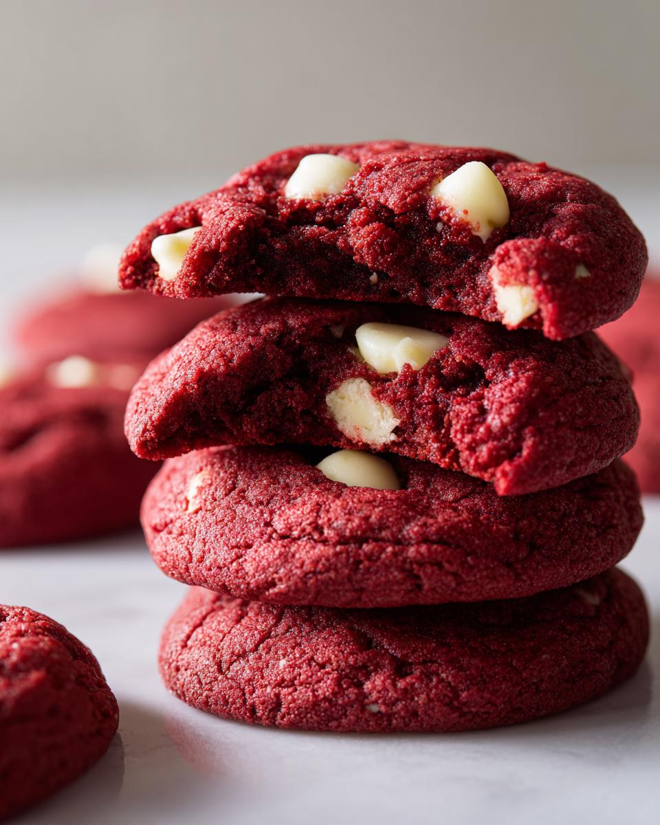 Close-up of a stack of four rich, deep red velvet cookies with visible white chocolate chips.