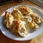Four baked chicken alfredo stuffed shells covered in creamy, browned cheese sauce on a white plate.