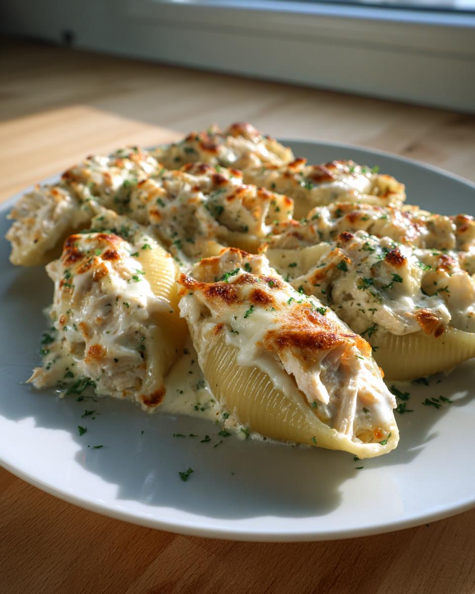 Close-up of baked chicken alfredo stuffed shells topped with melted, browned cheese and fresh parsley.