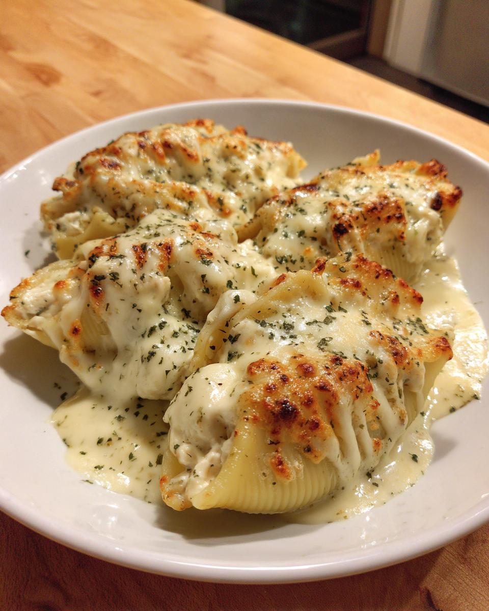 Four baked chicken alfredo stuffed shells covered in creamy sauce and browned cheese, sprinkled with parsley.