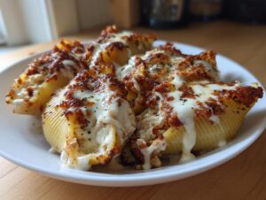 Close-up of baked chicken alfredo stuffed shells topped with melted mozzarella and browned seasoning on a white plate.