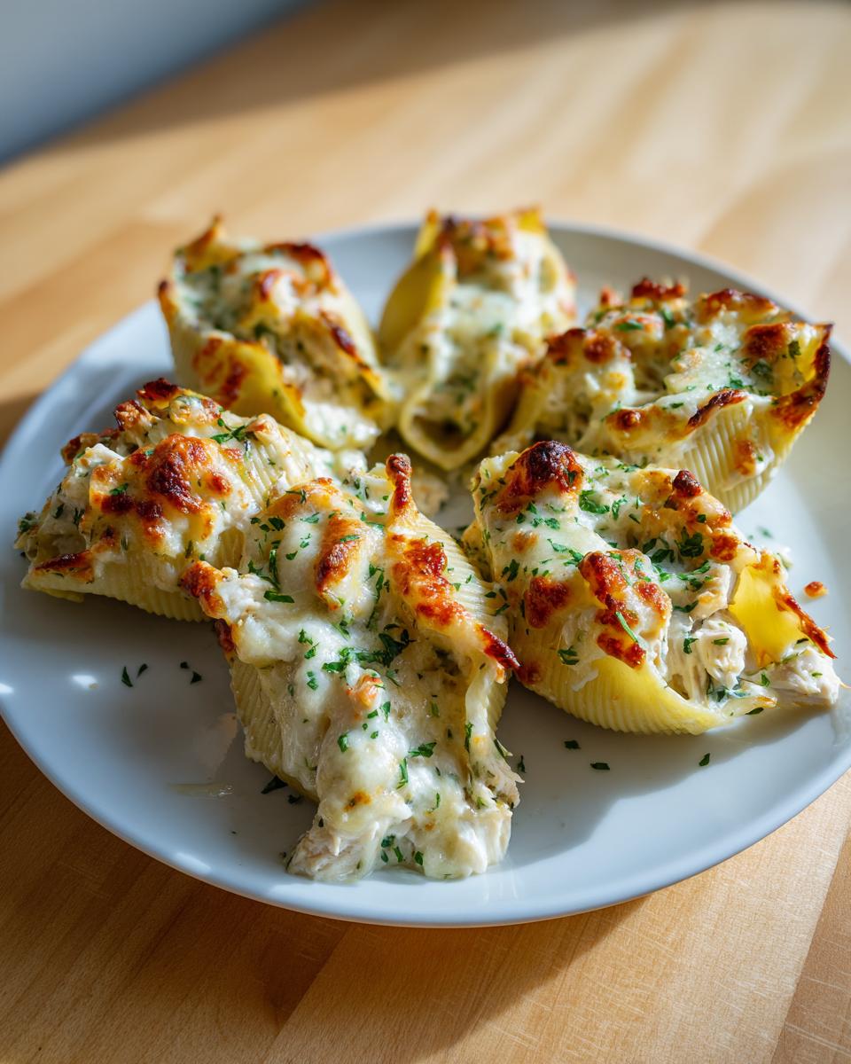 Five baked chicken alfredo stuffed shells topped with golden, melted cheese and fresh parsley on a white plate.