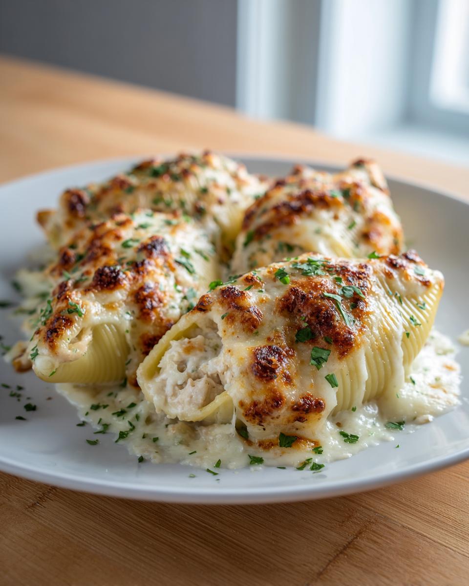 Four baked chicken alfredo stuffed shells covered in melted, browned cheese and parsley on a white plate.