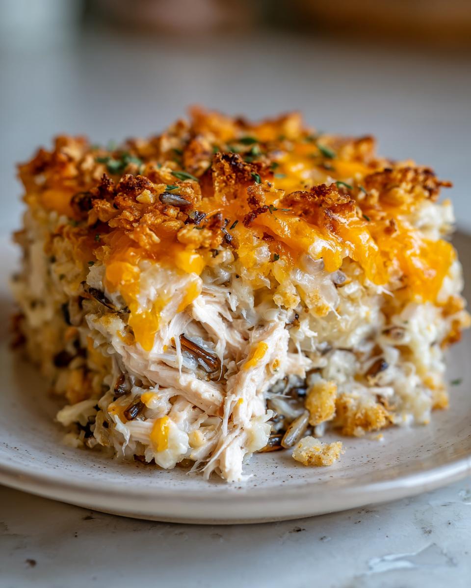 A close-up serving of creamy chicken and wild rice casserole topped with melted cheddar cheese and crunchy topping.