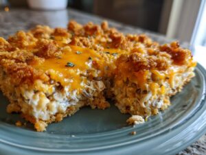 A close-up of a serving of creamy chicken and wild rice casserole topped with melted cheddar cheese and a crunchy topping.