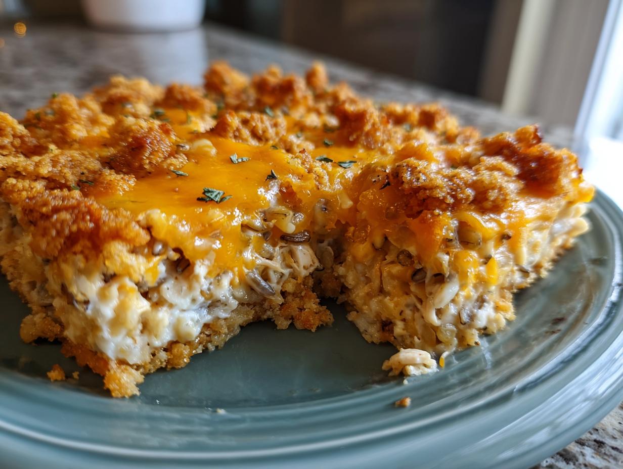 A close-up of a serving of creamy chicken and wild rice casserole topped with melted cheddar cheese and a crunchy topping.