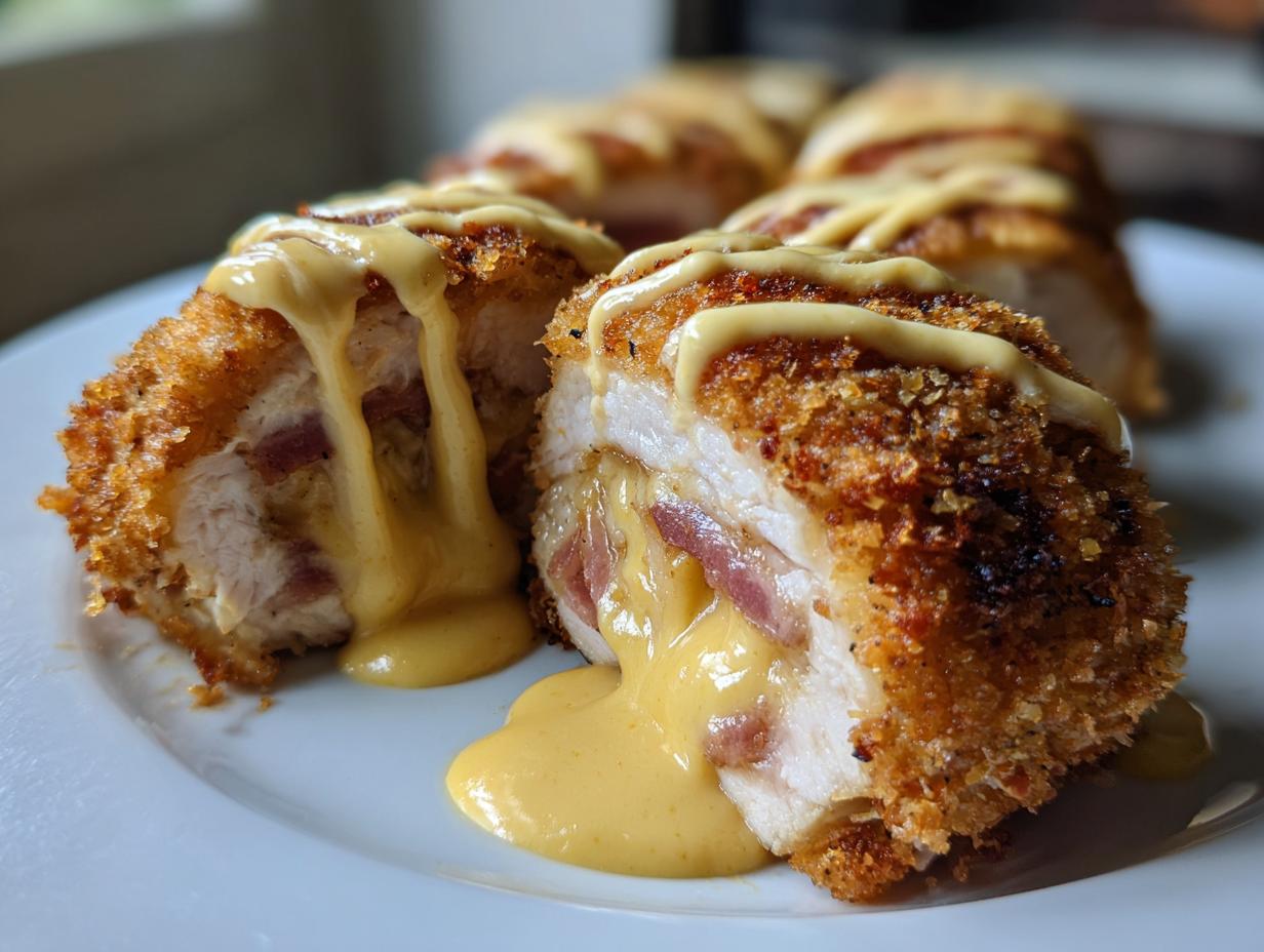 Close-up of sliced chicken cordon bleu showing crispy breading, ham, and oozing melted cheese sauce.