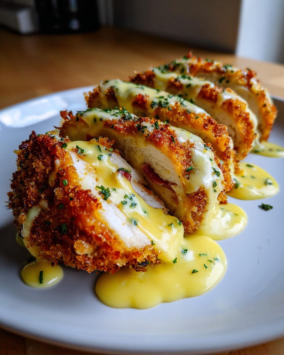 Four slices of golden-brown, breaded chicken cordon bleu drizzled with rich yellow sauce and herbs.