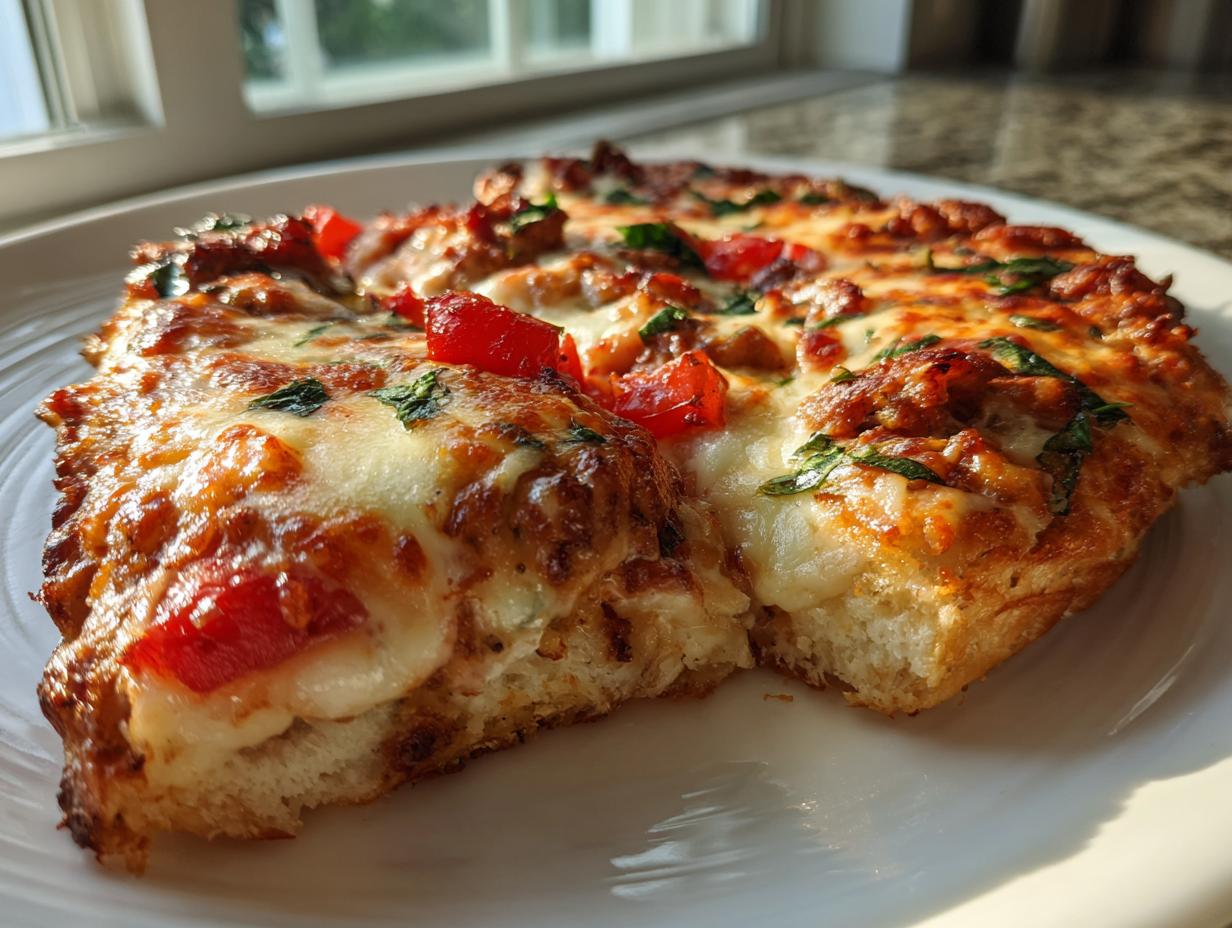 Close-up of a cheesy, freshly baked chicken crust pizza slice showing the thick, golden crust base.
