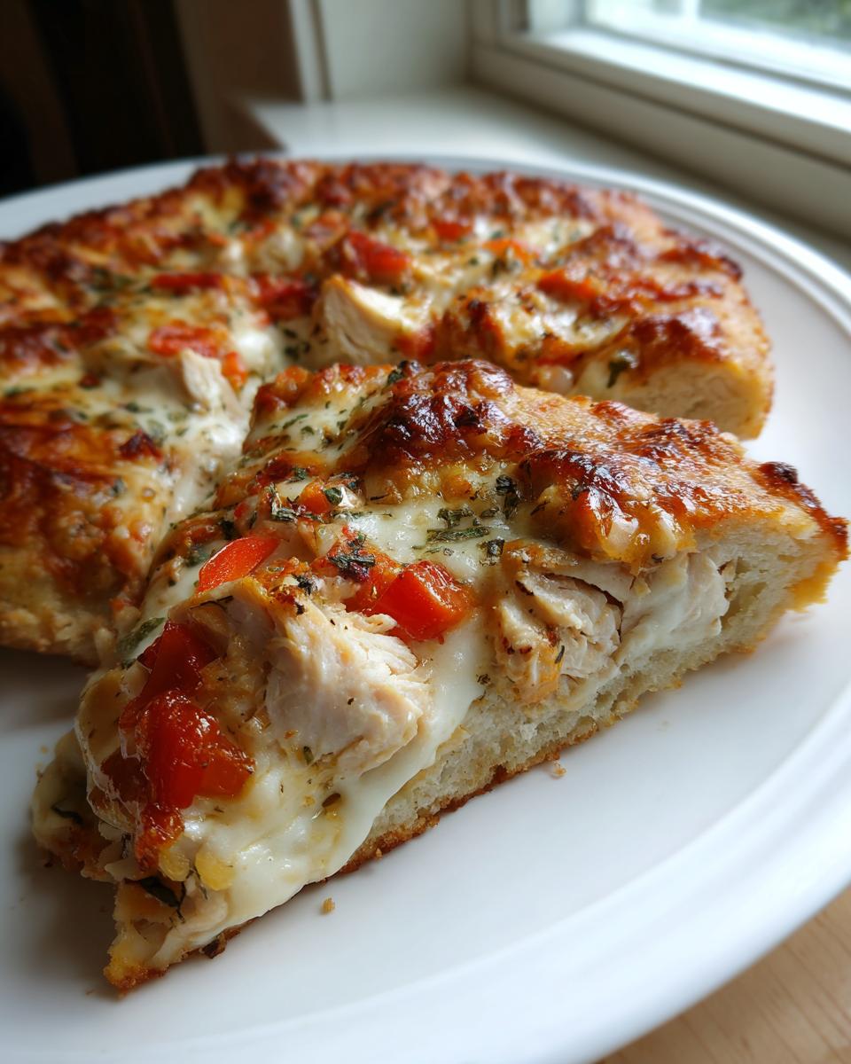 A thick slice of chicken crust pizza showing layers of white chicken meat, melted mozzarella, and tomatoes.