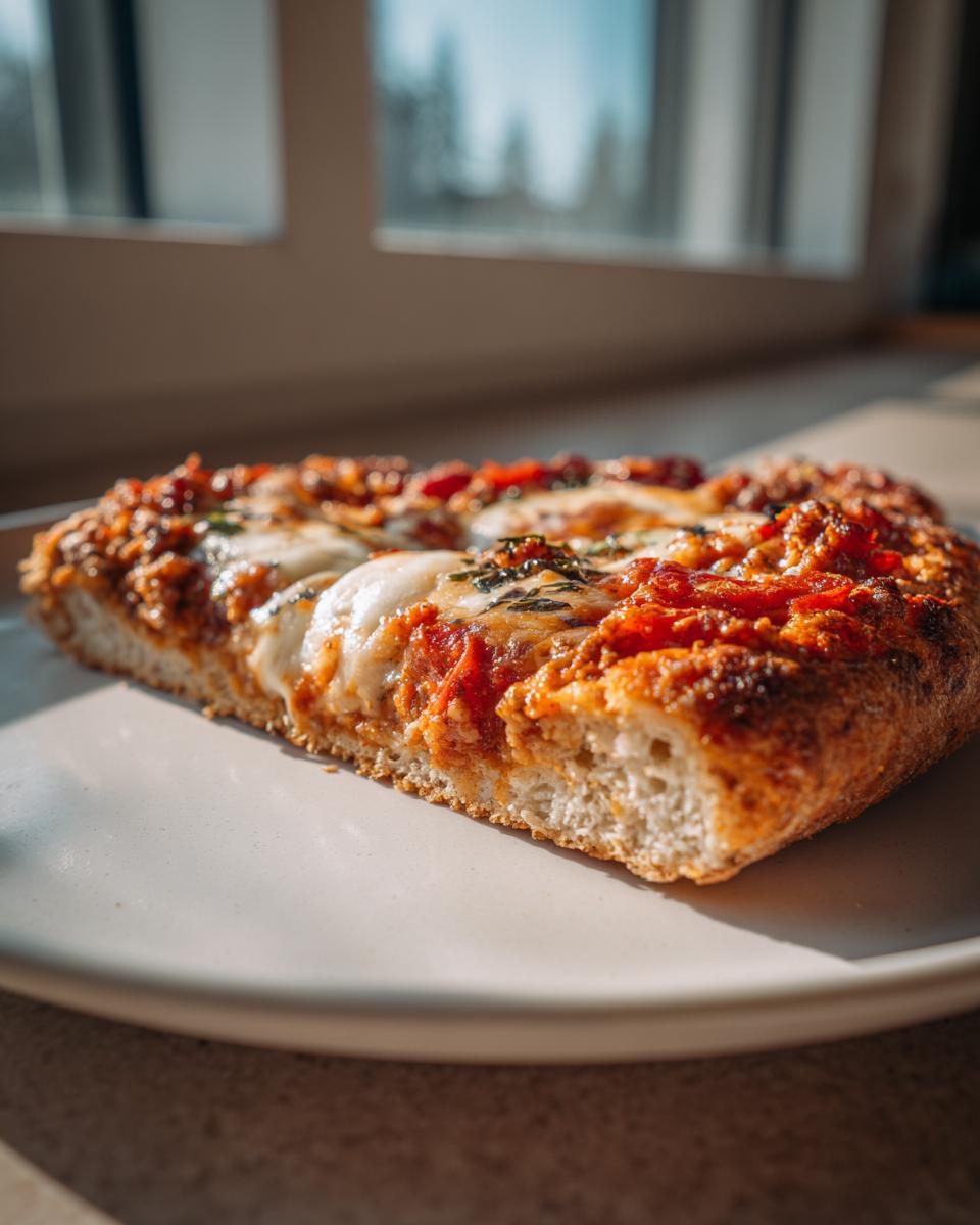 Close-up of a thick slice of chicken crust pizza with melted mozzarella and tomato sauce, sitting on a light plate.