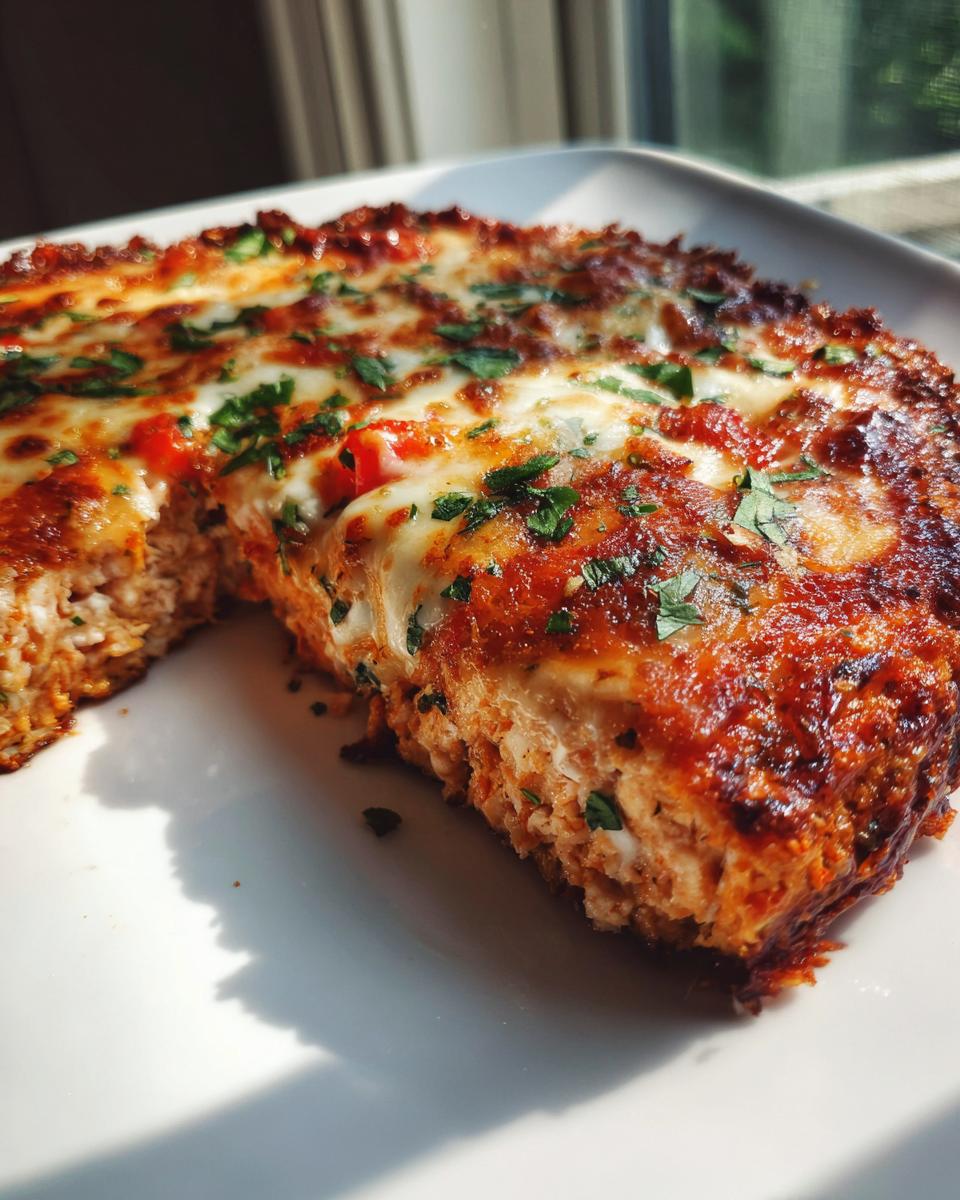 A thick slice of chicken crust pizza showing the dense, meaty base topped with melted cheese, sauce, and fresh parsley.