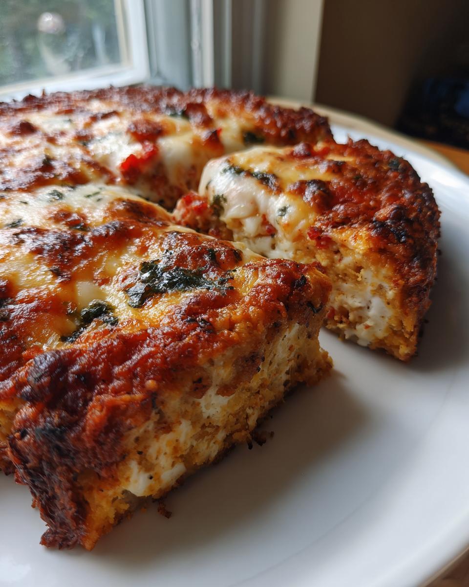 Close-up of a thick slice of chicken crust pizza showing the golden brown crust, melted mozzarella, and tomato sauce.