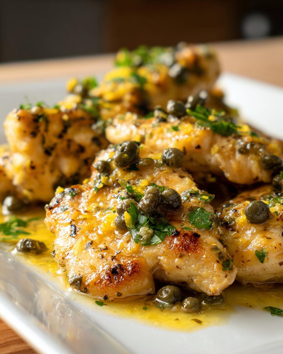 Close-up of pan-seared chicken piccata fillets covered in a bright lemon-butter sauce with capers and fresh parsley.