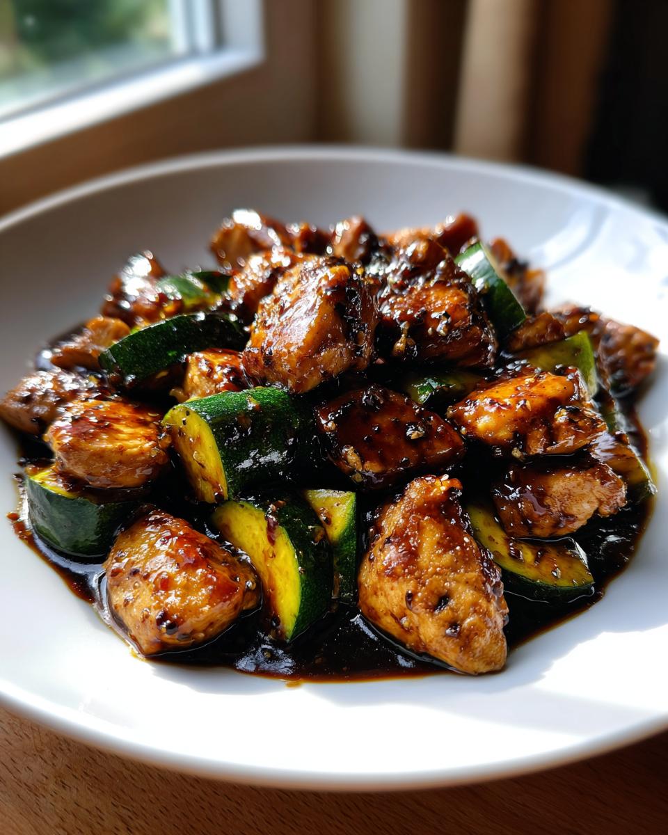 A close-up of glossy, dark-sauced chicken zucchini stir fry served in a white bowl.