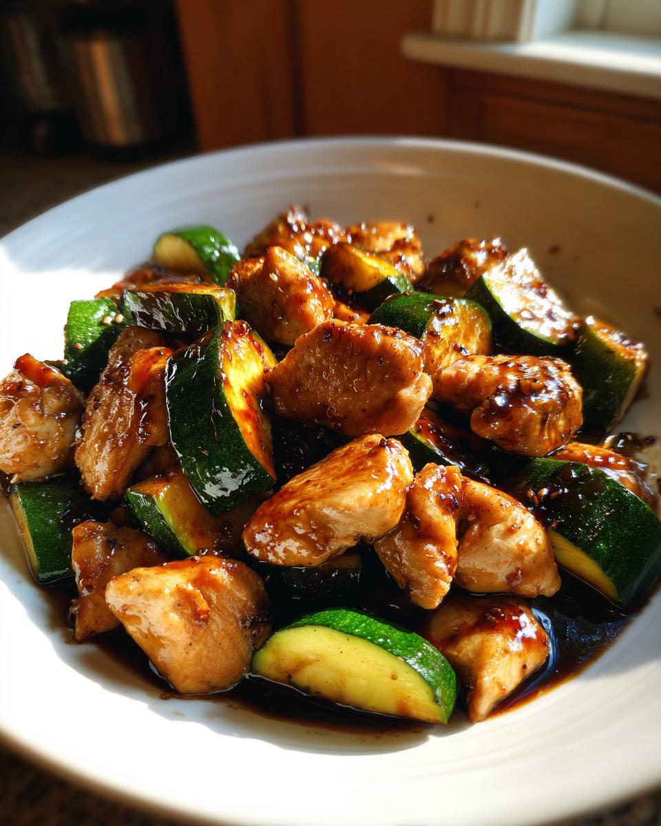 Close-up of tender chicken pieces and bright green zucchini chunks coated in a rich, dark sauce in a white bowl, perfect for chicken zucchini stir fry.