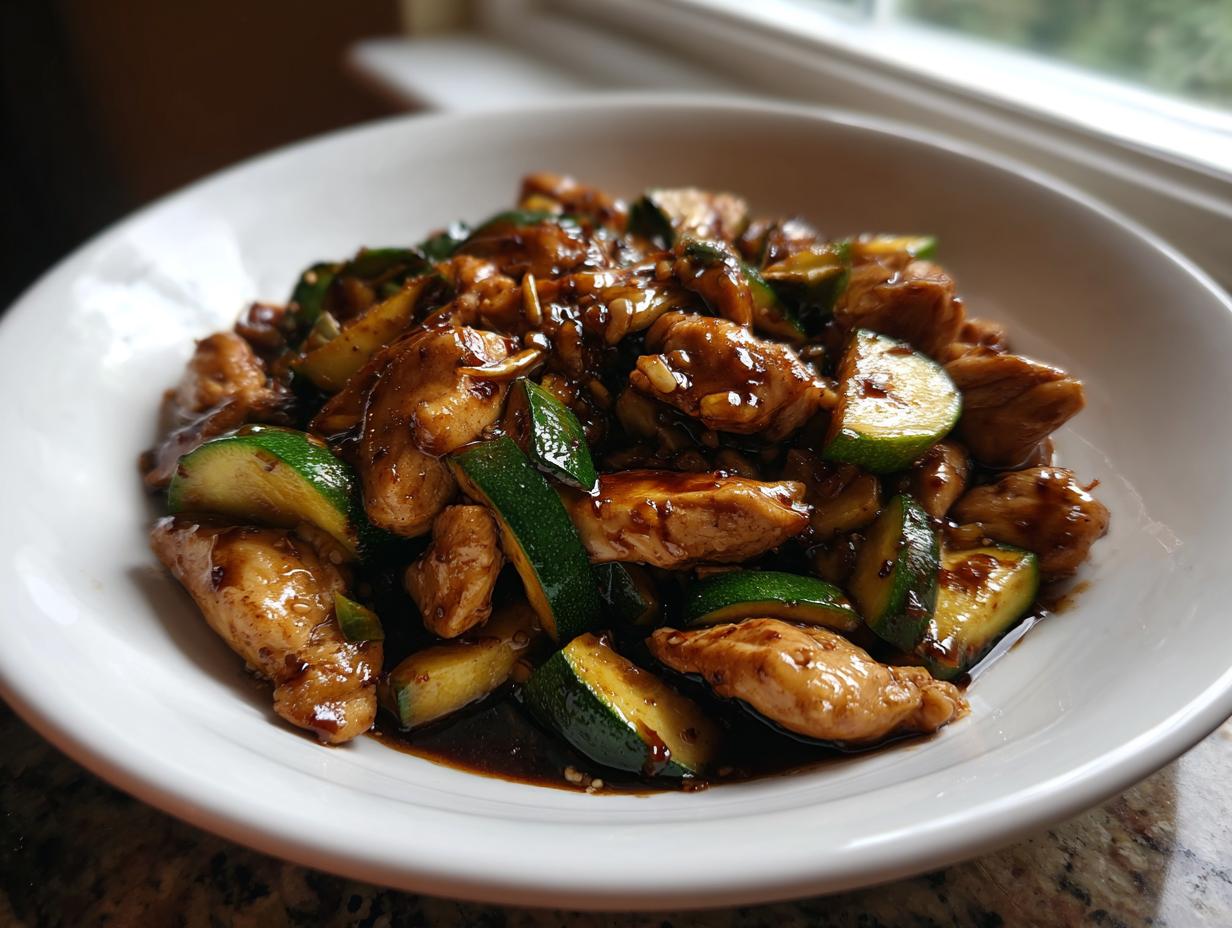 A close-up of glossy chicken zucchini stir fry coated in dark sauce served in a white bowl.