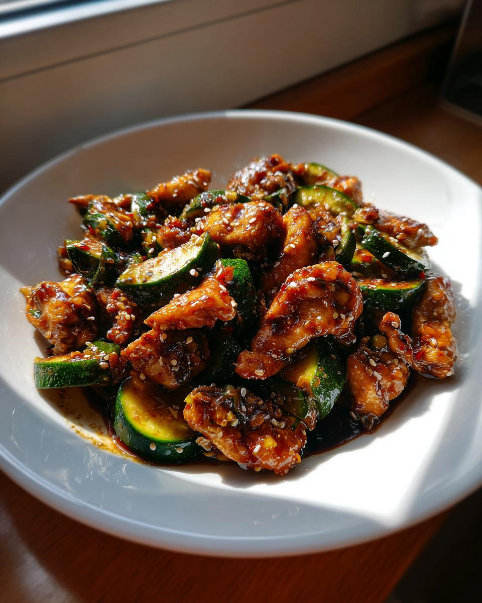 Close-up of glazed chicken zucchini stir fry pieces sprinkled with sesame seeds in a white bowl.