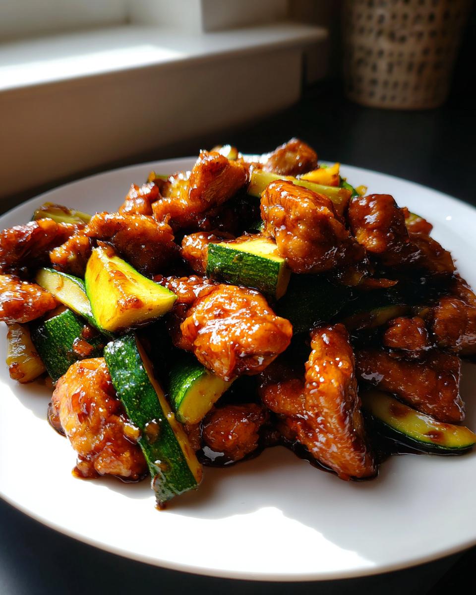 Close-up of glossy, saucy chicken zucchini stir fry pieces served on a white plate near a window.