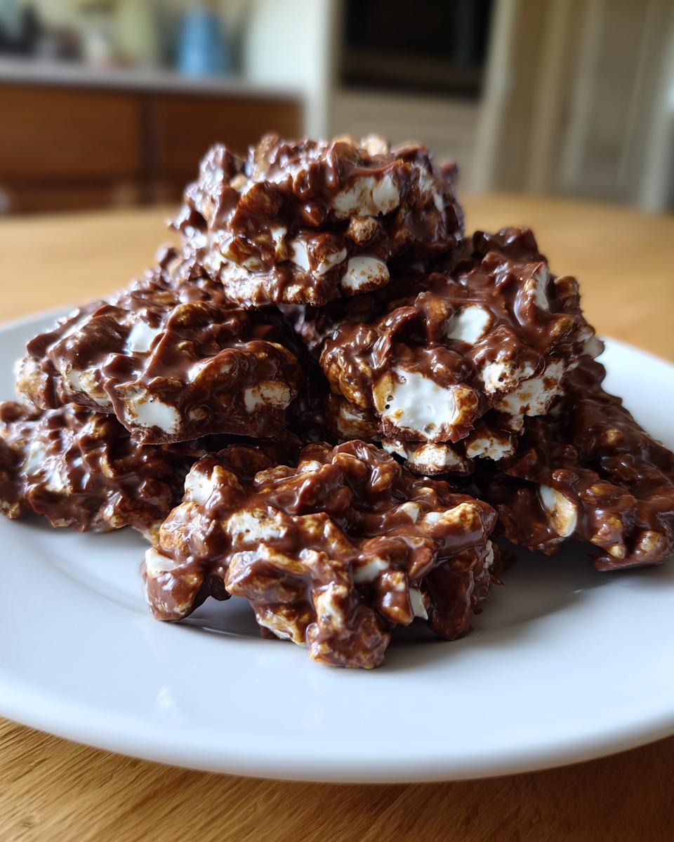 A close-up of a mound of rich, chocolate-covered avalanche cookies featuring visible white marshmallows.