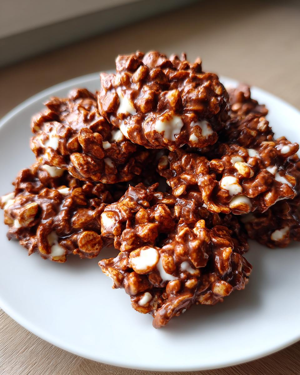 A close-up of several rich, chocolate-coated avalanche cookies studded with white chips, piled on a white plate.