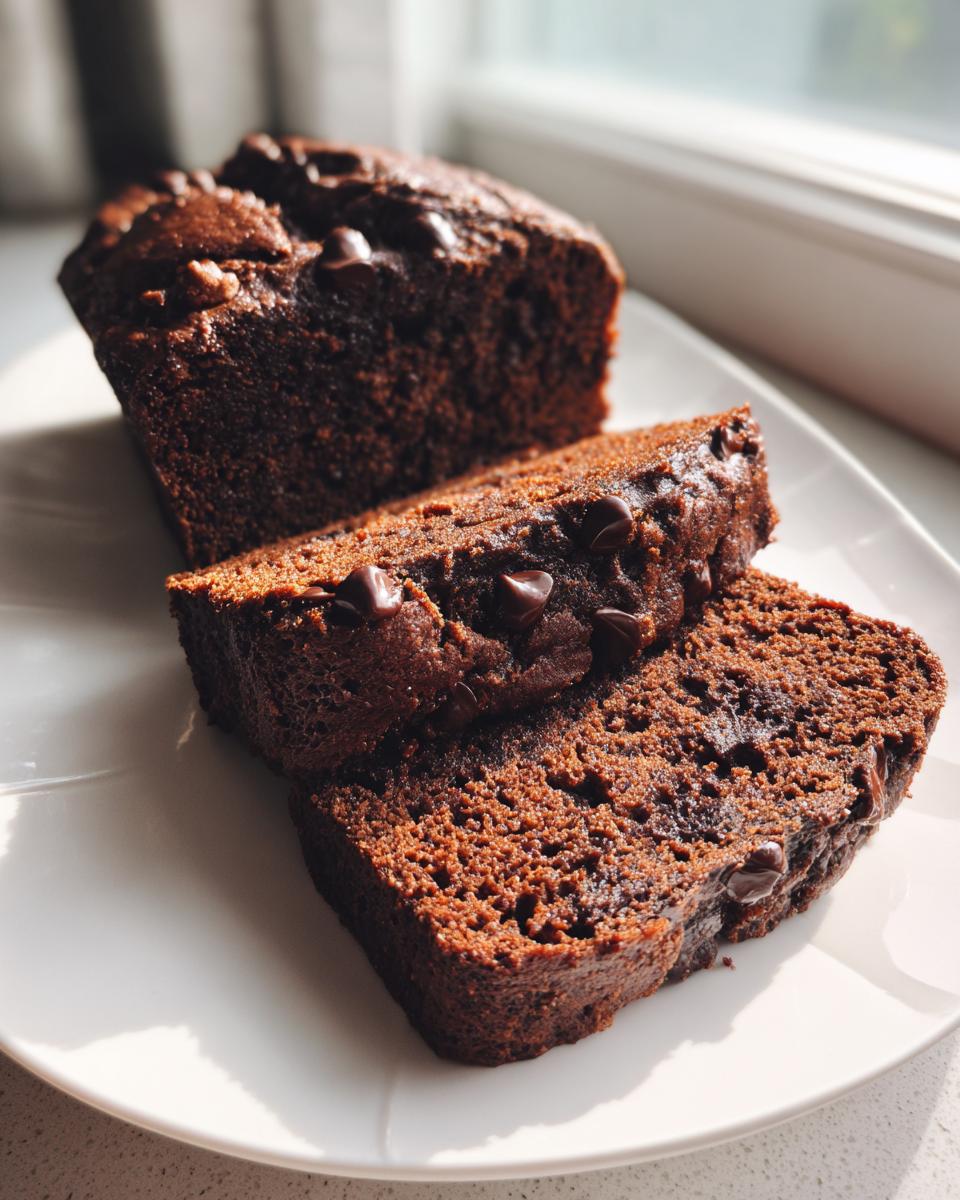 Two slices of moist chocolate banana bread topped with chocolate chips, next to the main loaf.