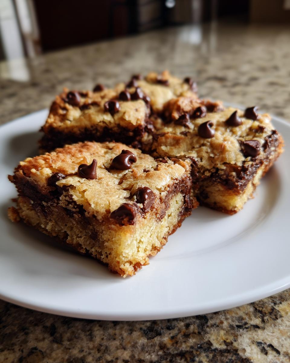 Three decadent chocolate chip cake mix cookie bars stacked slightly on a white plate.