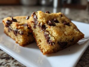 Two rich, chewy cake mix cookie bars loaded with melted chocolate chips, served on a white plate.