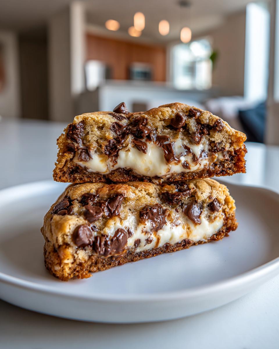 A chocolate chip cheesecake cookie cut in half showing the gooey cheesecake center and melted chocolate chips.