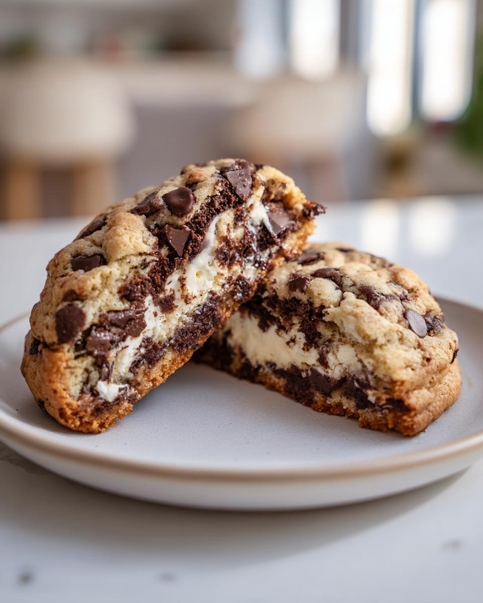 A chocolate chip cheesecake cookie cut in half showing the creamy cheesecake filling and chocolate chips.