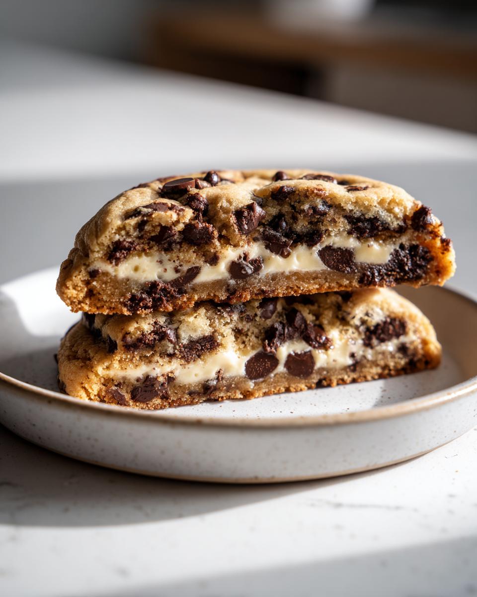A chocolate chip cheesecake cookie cut in half, revealing a creamy cheesecake filling inside.