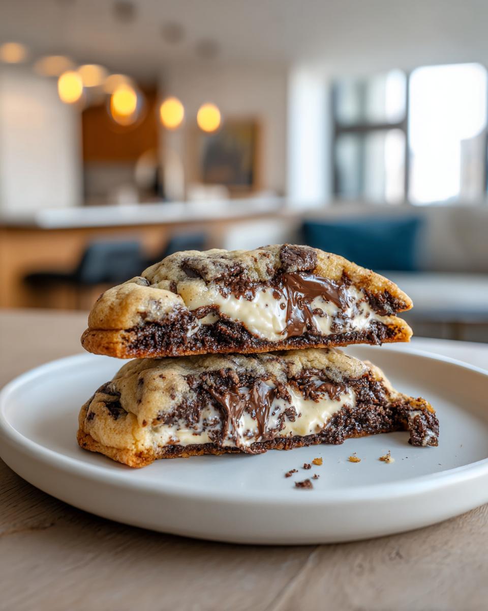 Two halves of a gooey chocolate chip cheesecake cookie stacked, showing melted chocolate and cream cheese filling.