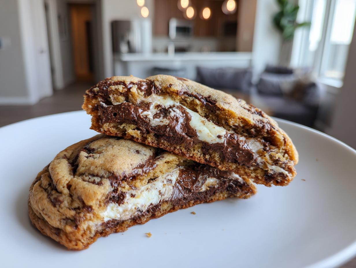 A chocolate chip cheesecake cookie cut in half, showing the gooey, melted cheesecake filling inside.