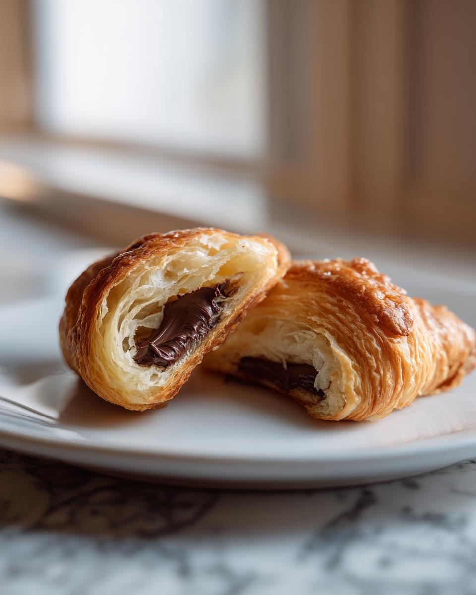 A flaky, golden brown chocolate croissant cut in half on a white plate, revealing melted chocolate filling.