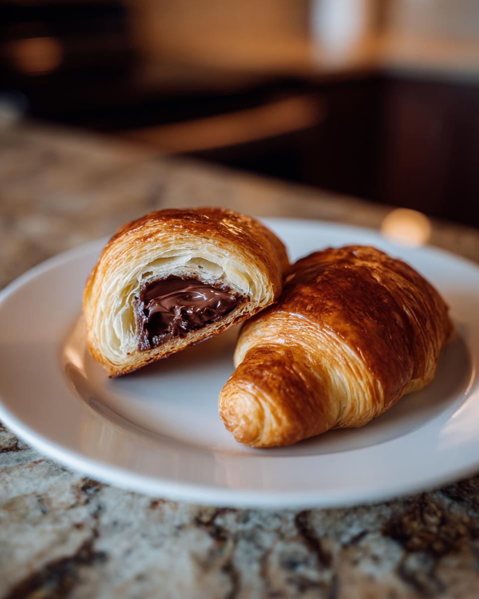 A golden brown chocolate croissant cut in half revealing gooey melted chocolate filling.