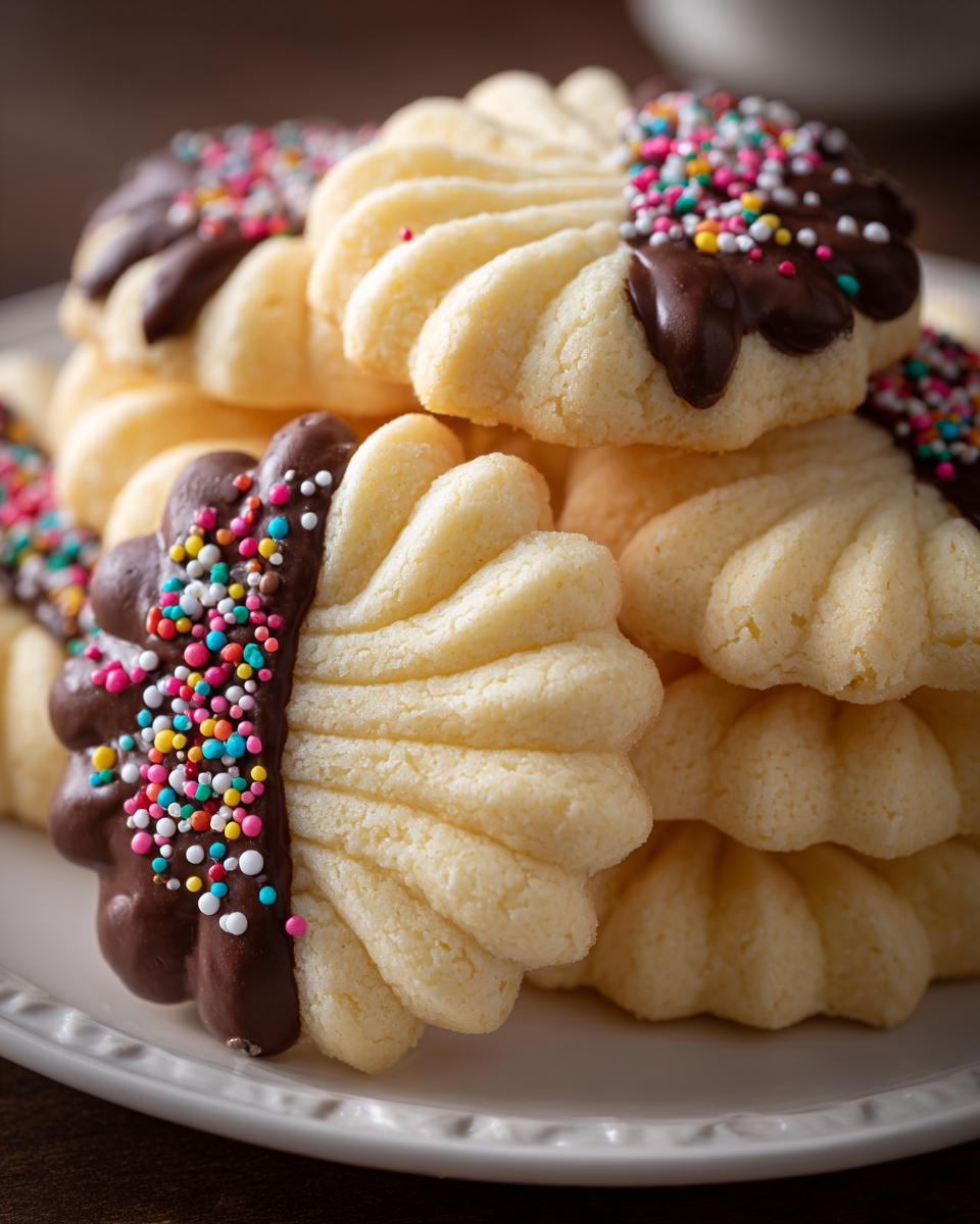 A stack of piped butter cookies, half-dipped in chocolate and covered with colorful sprinkles.