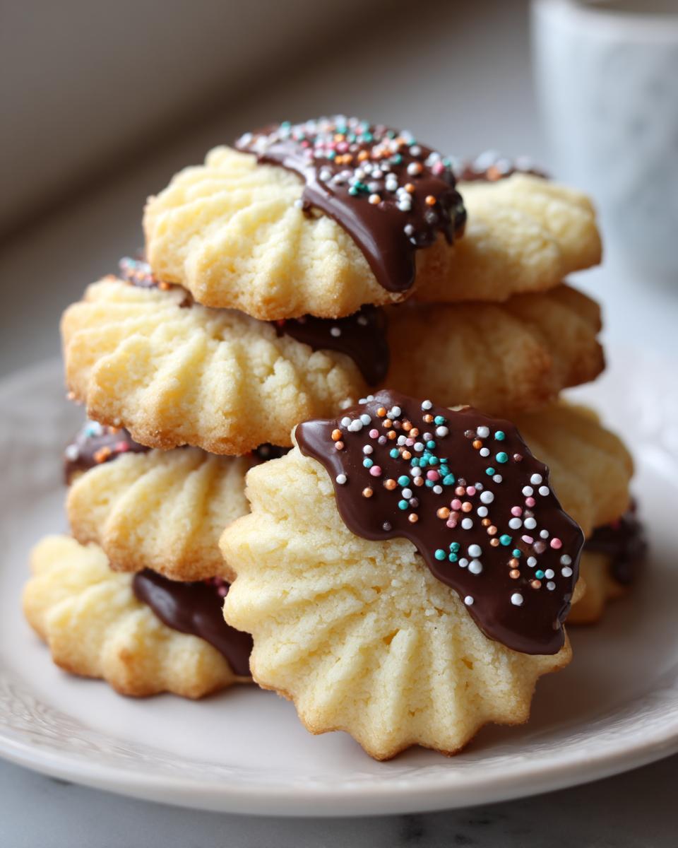 A stack of piped, star-shaped butter cookies dipped in melted chocolate and colorful sprinkles.