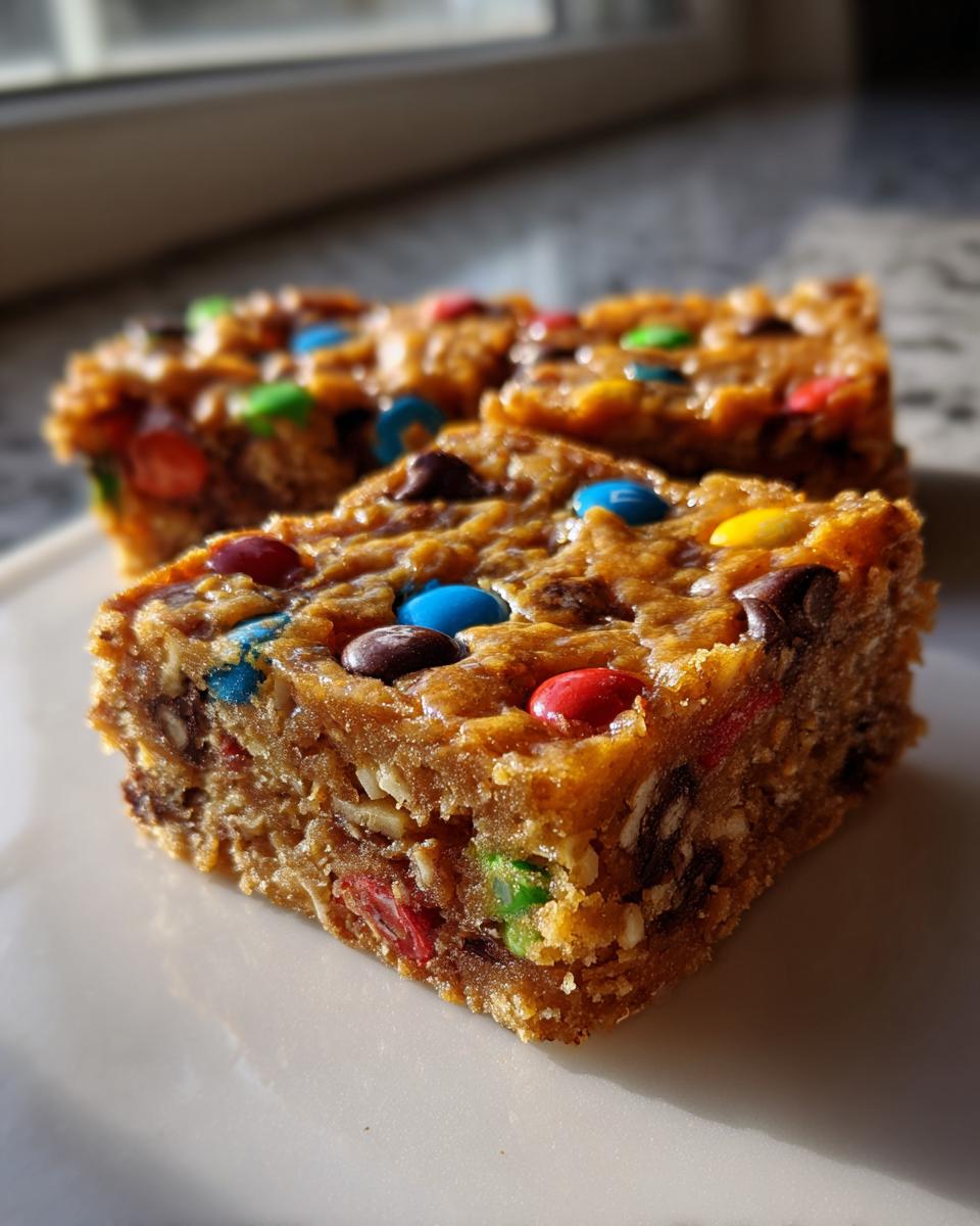 A close-up, sunlit shot of thick, chewy Christmas cookie bars studded with colorful M&M candies.
