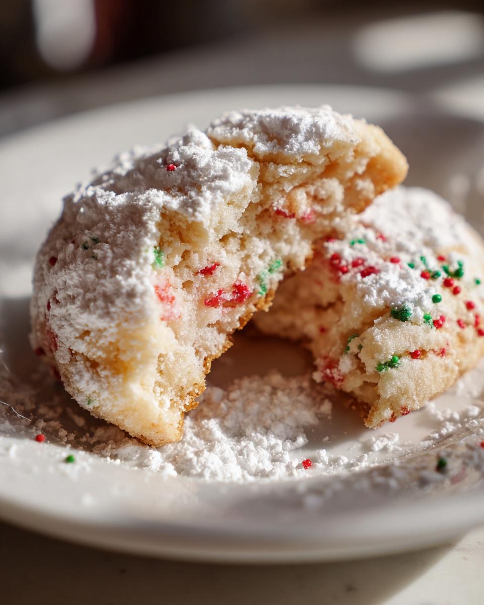 A close-up of a Christmas gooey butter cookie broken in half, revealing a soft interior with red and green sprinkles, dusted heavily with powdered sugar.