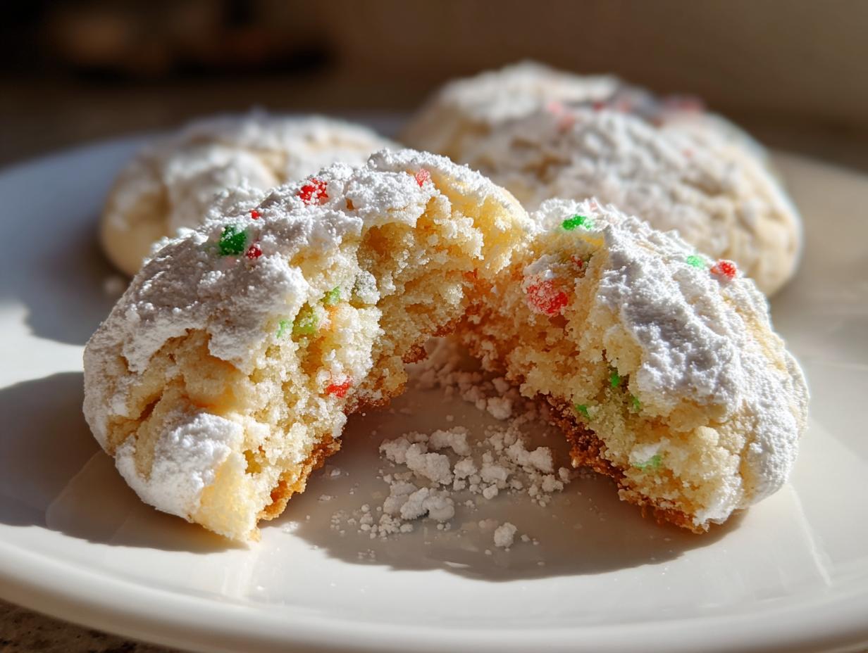 A close-up of a Christmas gooey butter cookie broken in half, showing its soft interior and powdered sugar coating with red and green sprinkles.