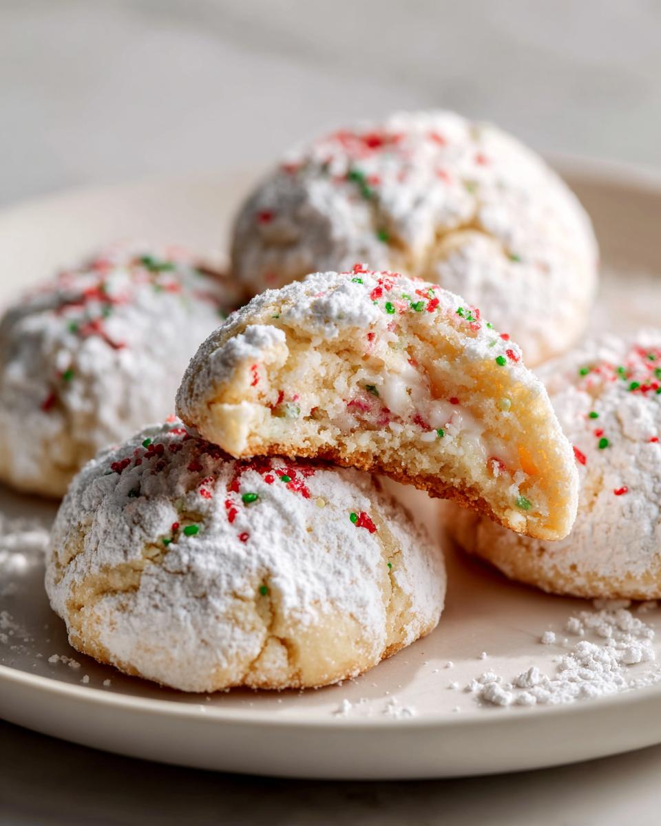 A stack of powdered sugar-dusted Christmas gooey butter cookies, one broken open revealing a soft, gooey center.