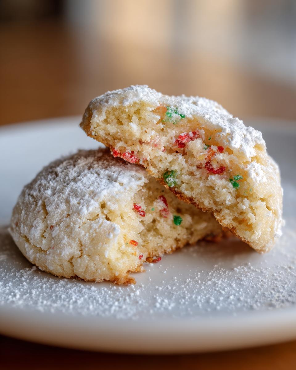 A Christmas gooey butter cookie broken in half, showing a soft, colorful interior with red and green sprinkles, dusted heavily with powdered sugar.