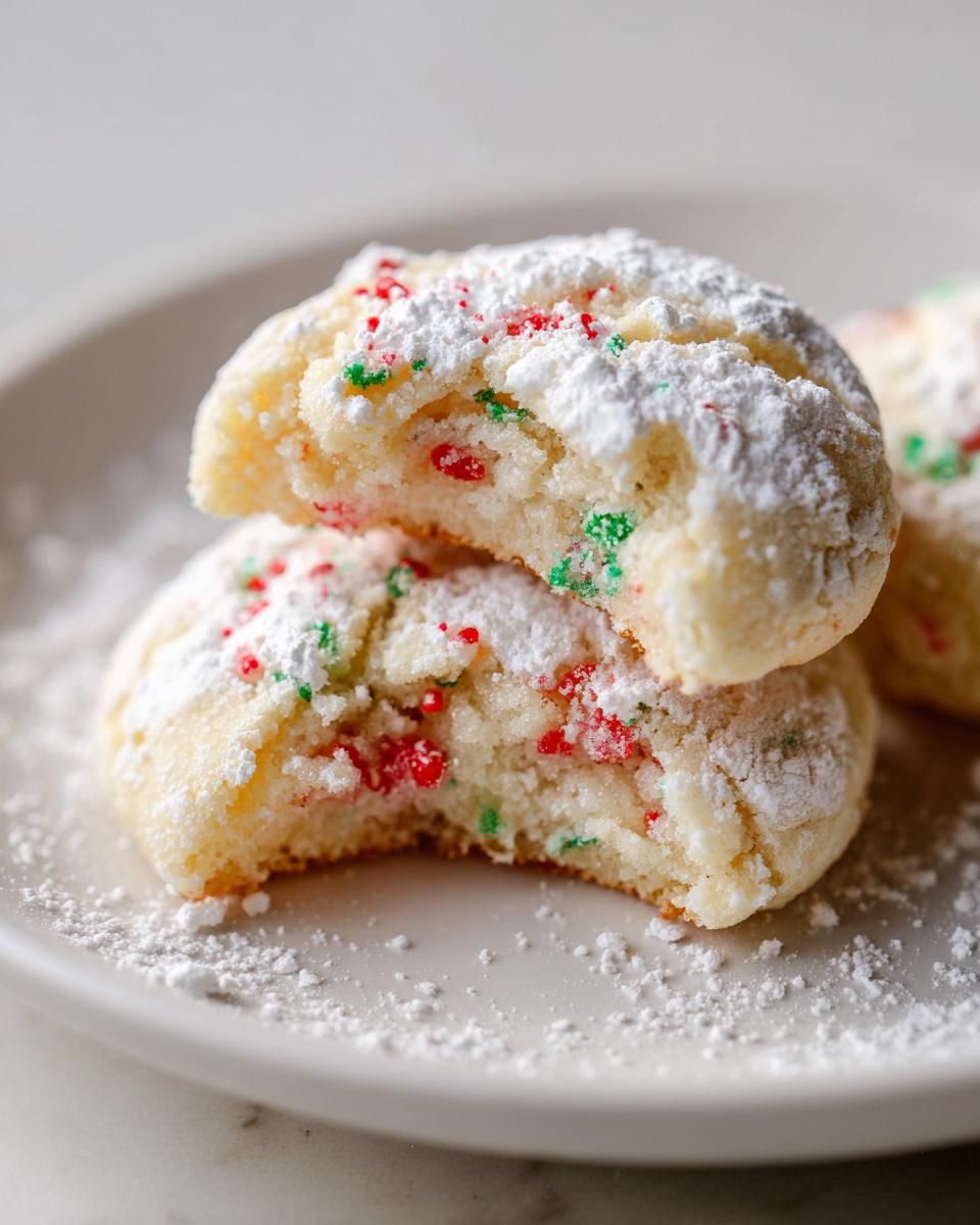 Two Christmas gooey butter cookies stacked, showing a soft, gooey interior with red and green sprinkles, dusted heavily with powdered sugar.